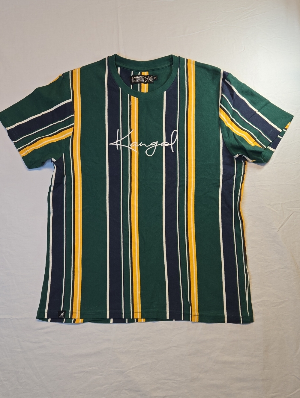 Kangol Green, Navy, White & Yellow Vertical Stripe Spellout T-Shirt Vintage
